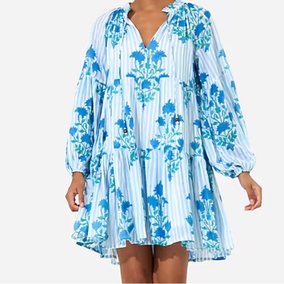 Oliphant Jaipur Blue Balloon Sleeve Floral Dress Large - Picture 14 of 14